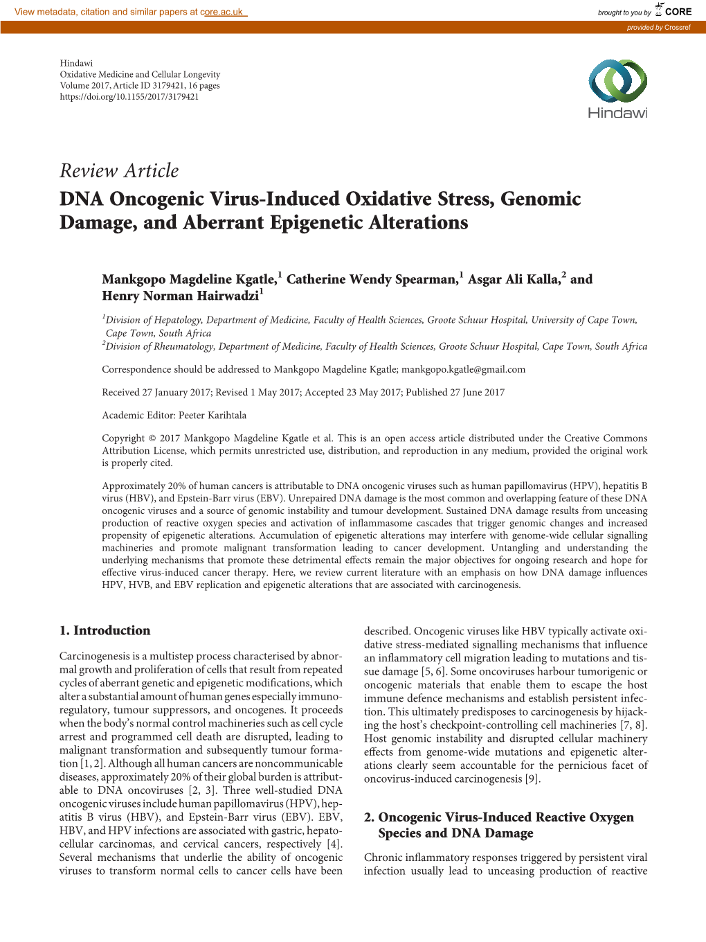 Review Article DNA Oncogenic Virus-Induced Oxidative Stress, Genomic Damage, and Aberrant Epigenetic Alterations