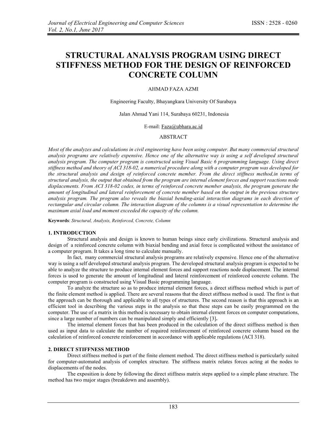 Structural Analysis Program Using Direct Stiffness Method for the Design of Reinforced Concrete Column