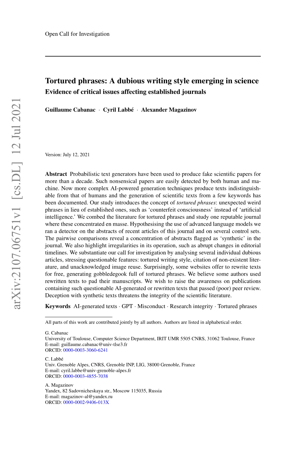 Tortured Phrases: a Dubious Writing Style Emerging in Science Evidence of Critical Issues Affecting Established Journals