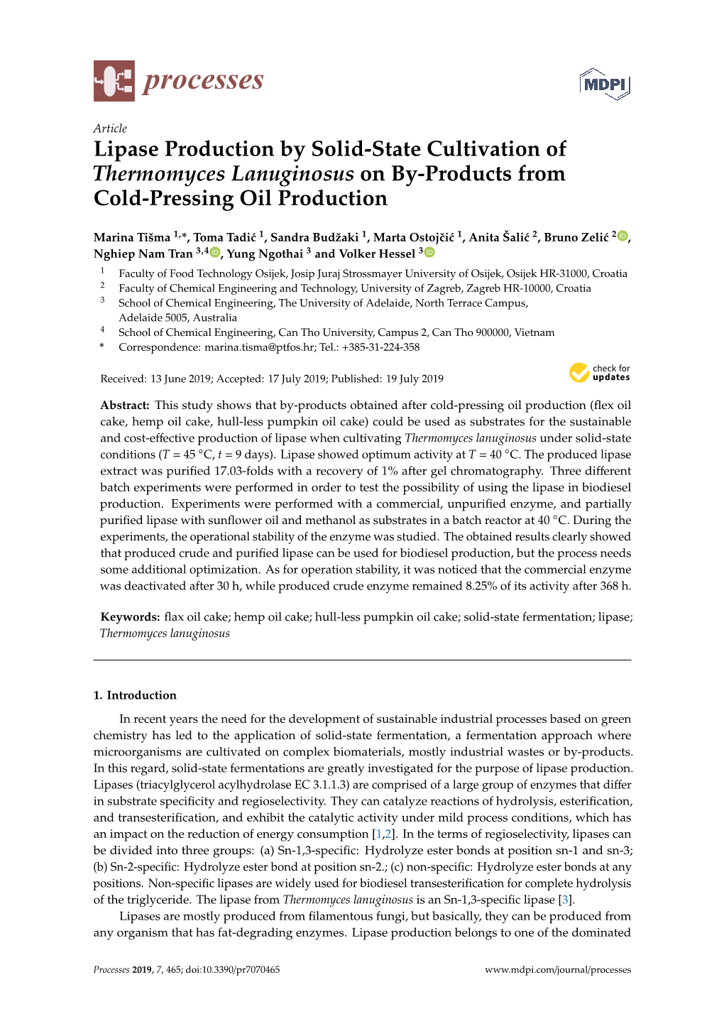 Lipase Production by Solid-State Cultivation of Thermomyces Lanuginosus on By-Products from Cold-Pressing Oil Production
