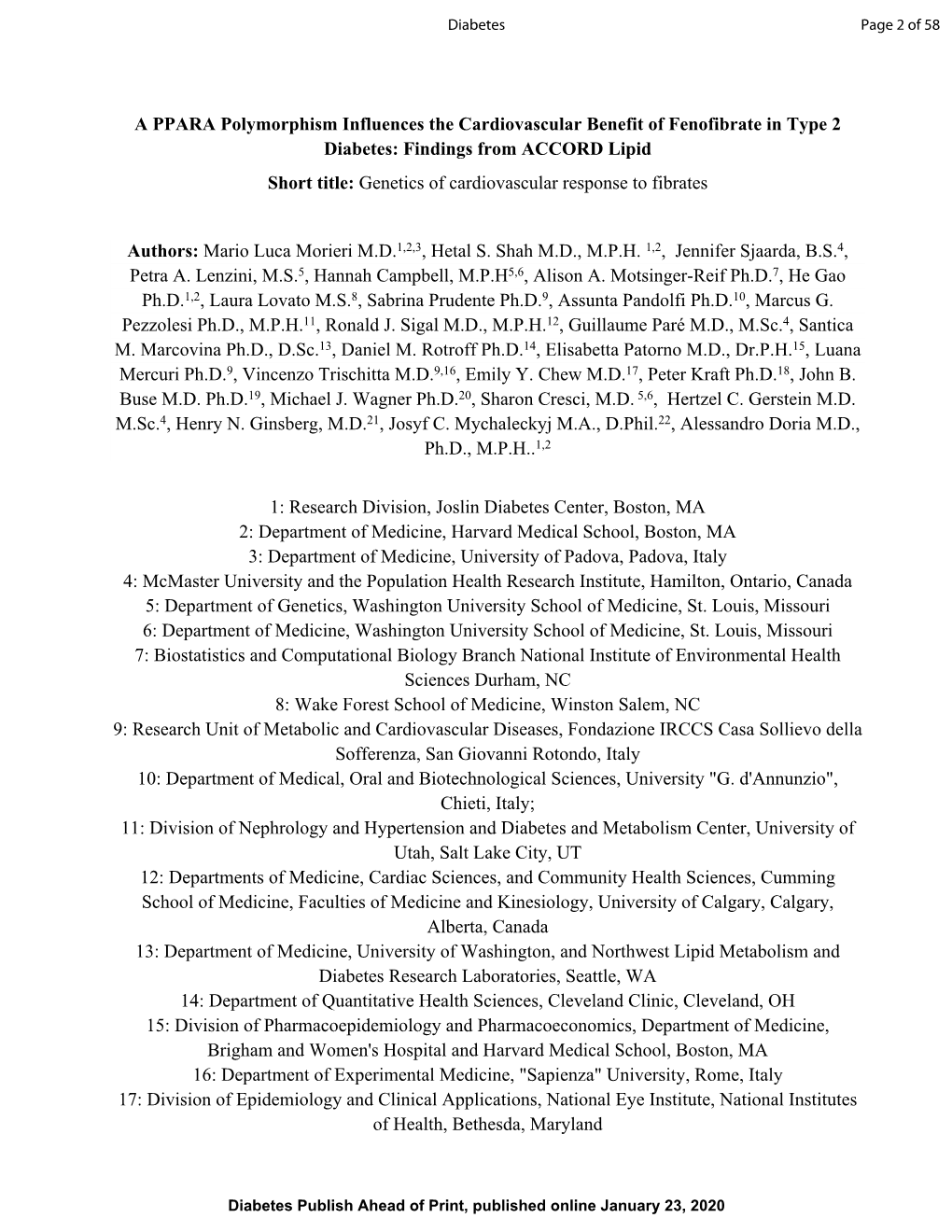 Findings from ACCORD Lipid Short Title: Genetics of Cardiovascular Response to Fibrates