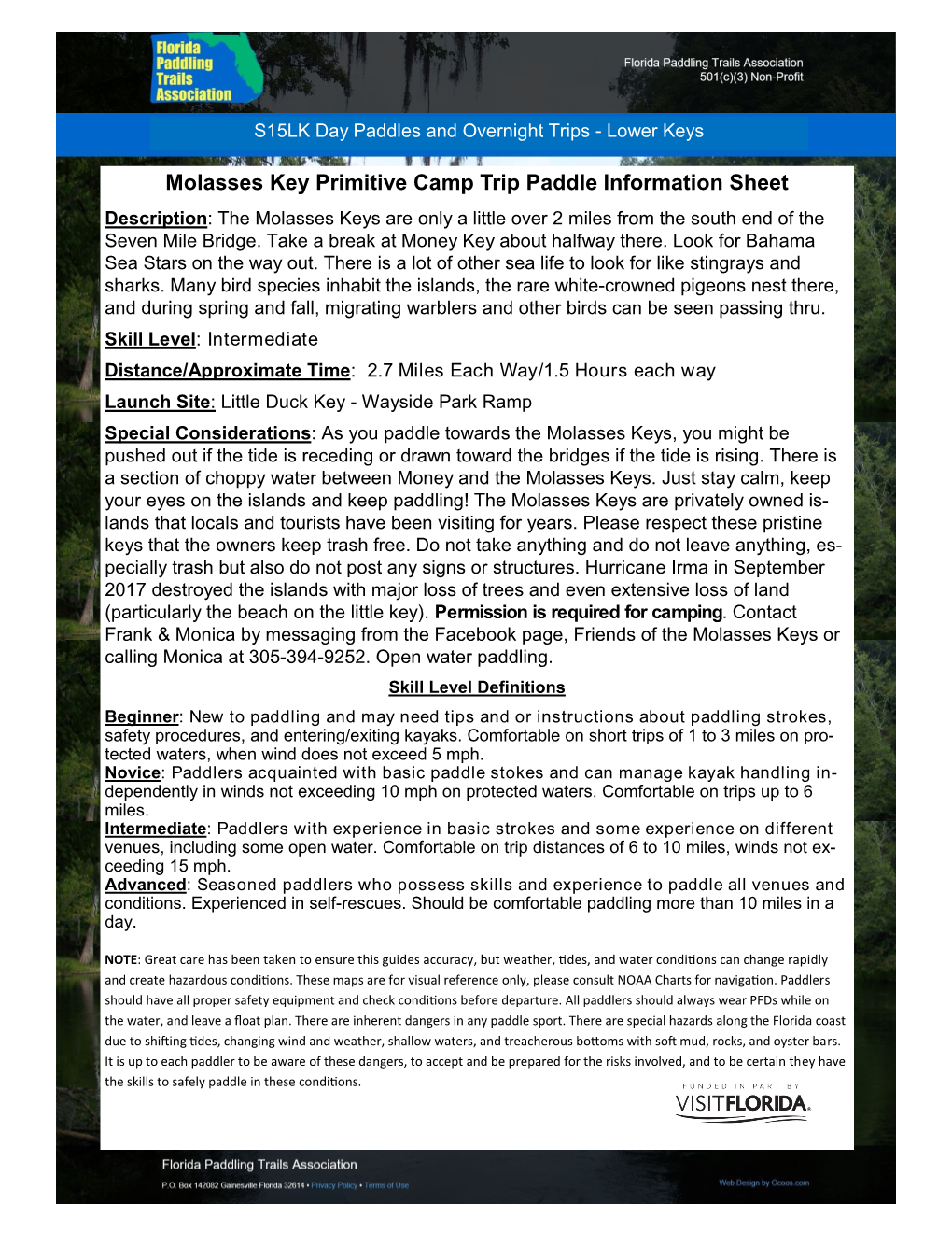 Molasses Key Primitive Camp Trip Paddle Information Sheet Description: the Molasses Keys Are Only a Little Over 2 Miles from the South End of the Seven Mile Bridge