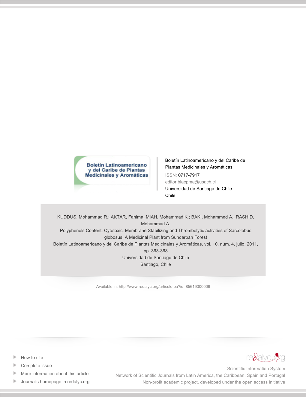 Redalyc.Polyphenols Content, Cytotoxic, Membrane Stabilizing