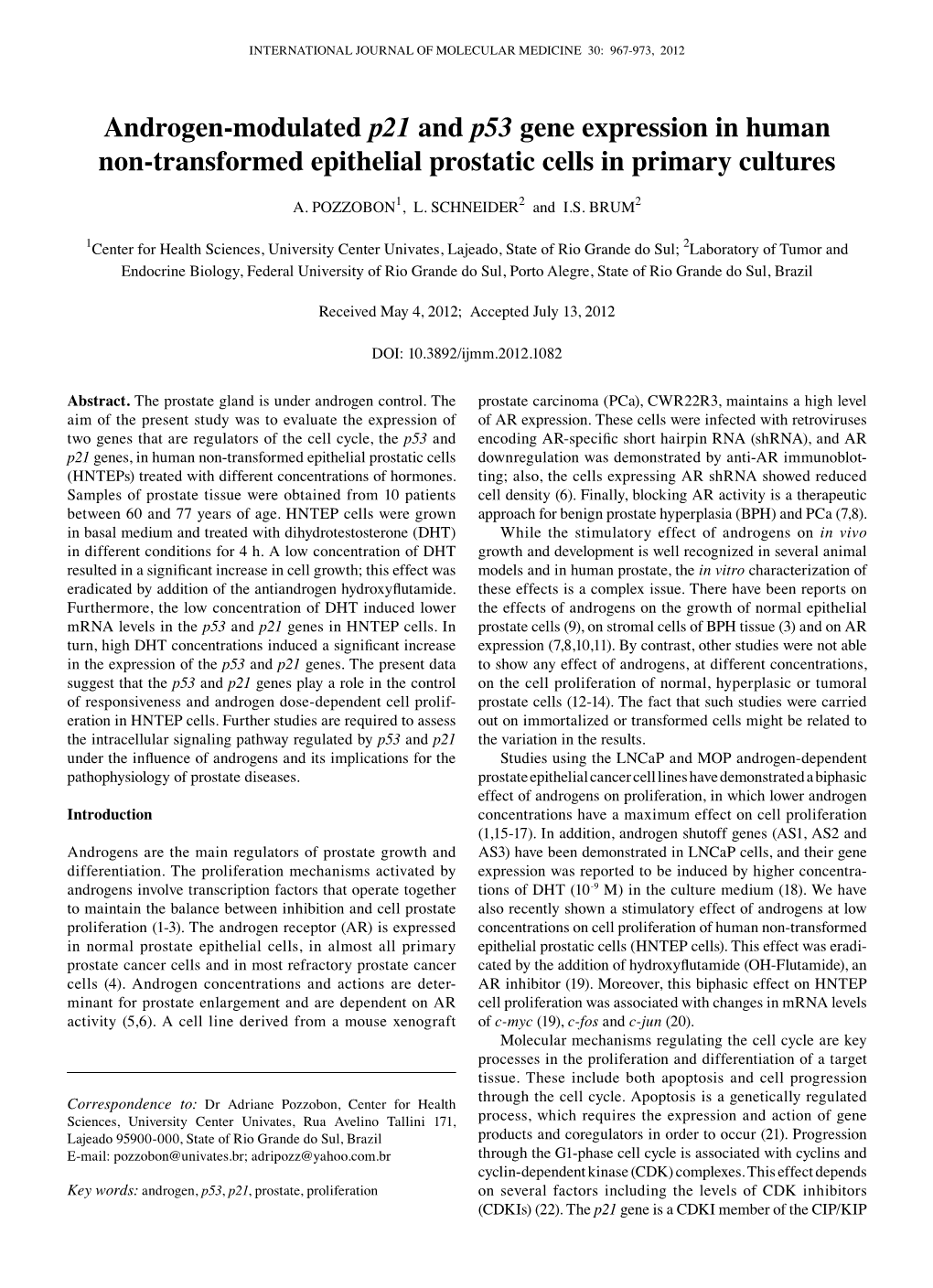 Androgen-Modulated P21 and P53 Gene Expression in Human Non-Transformed Epithelial Prostatic Cells in Primary Cultures