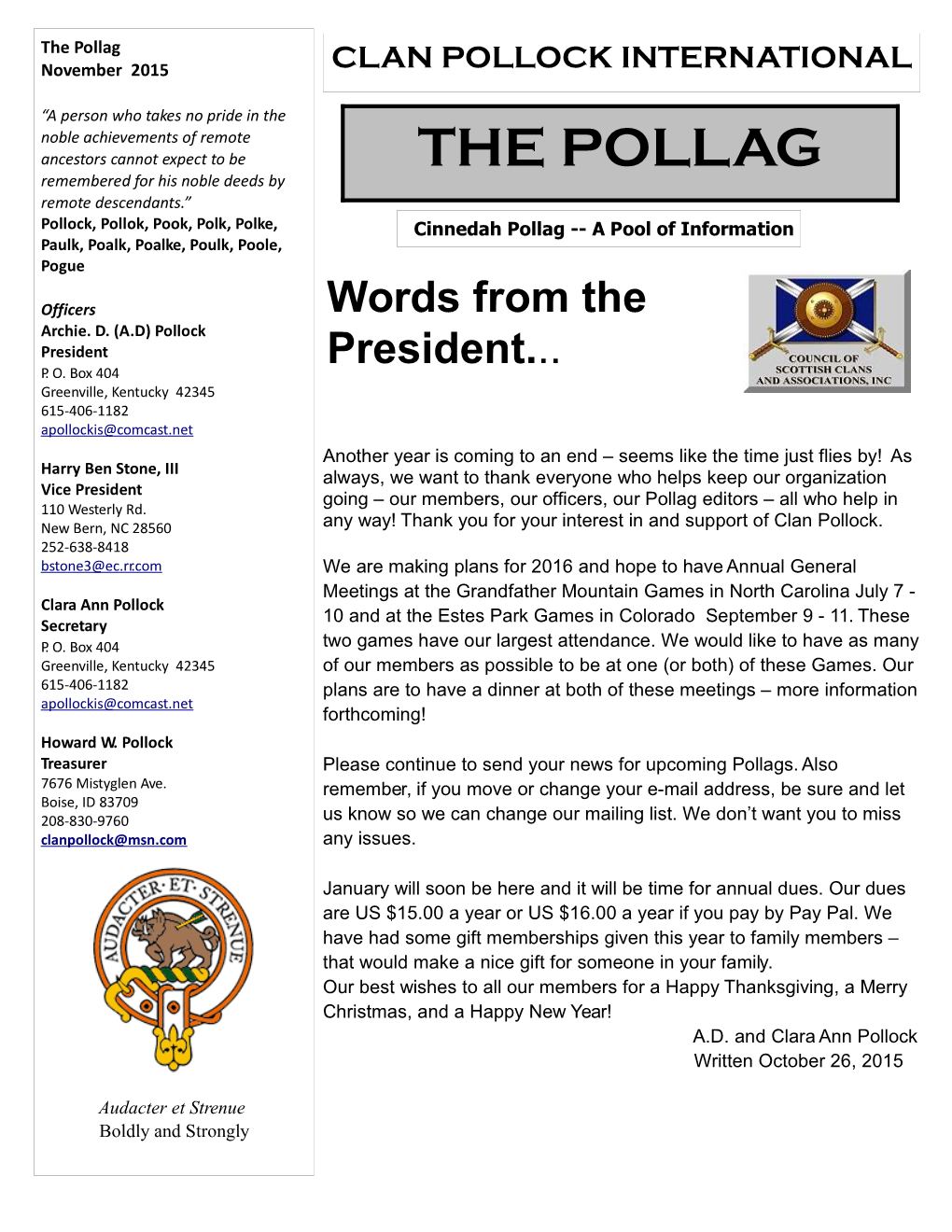 The Pollag November 2015 CLAN POLLOCK INTERNATIONAL