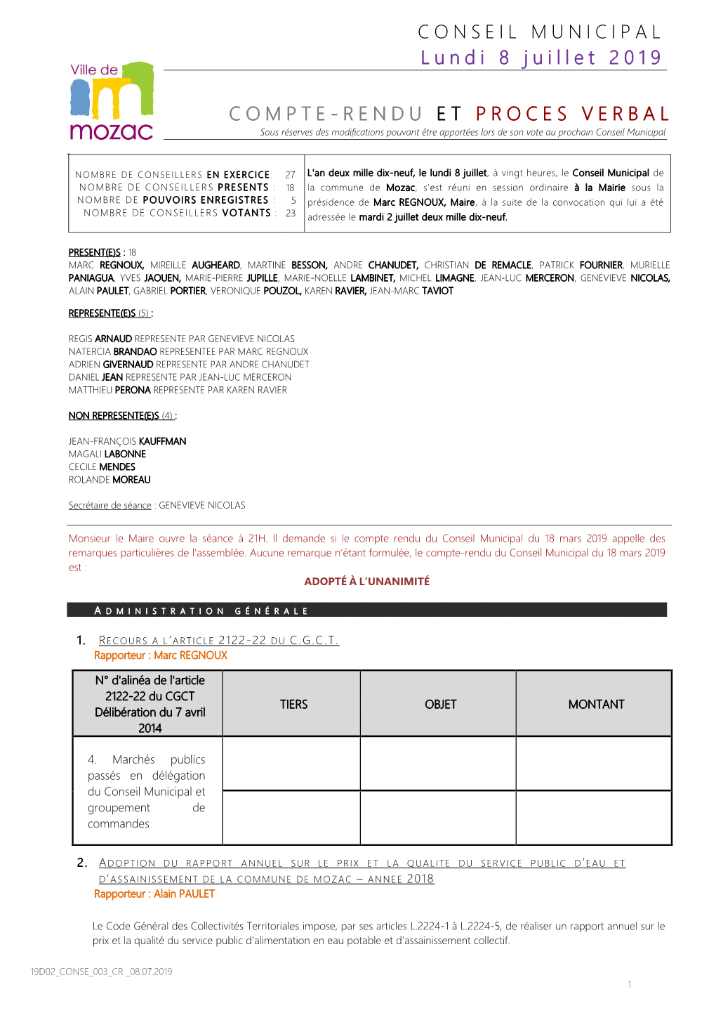 CONSEIL MUNICIPAL L U N D I 8 J U I L L E T 2 0 1 9