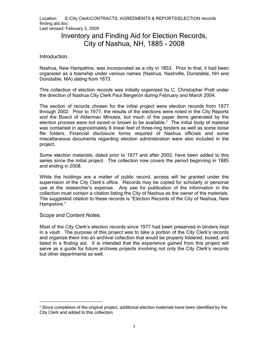 Inventory and Finding Aid for Election Records, City of Nashua, NH, 1885 - 2008