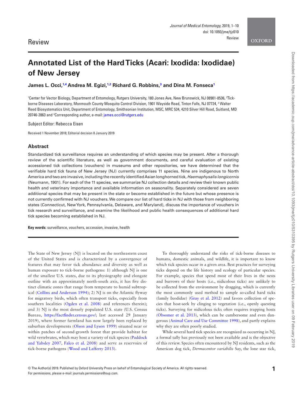 Annotated List of the Hard Ticks (Acari: Ixodida: Ixodidae) of New Jersey