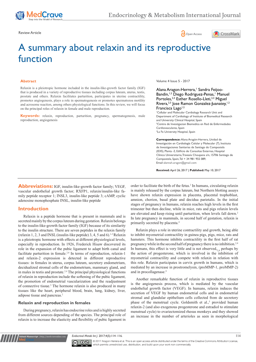 A Summary About Relaxin and Its Reproductive Function