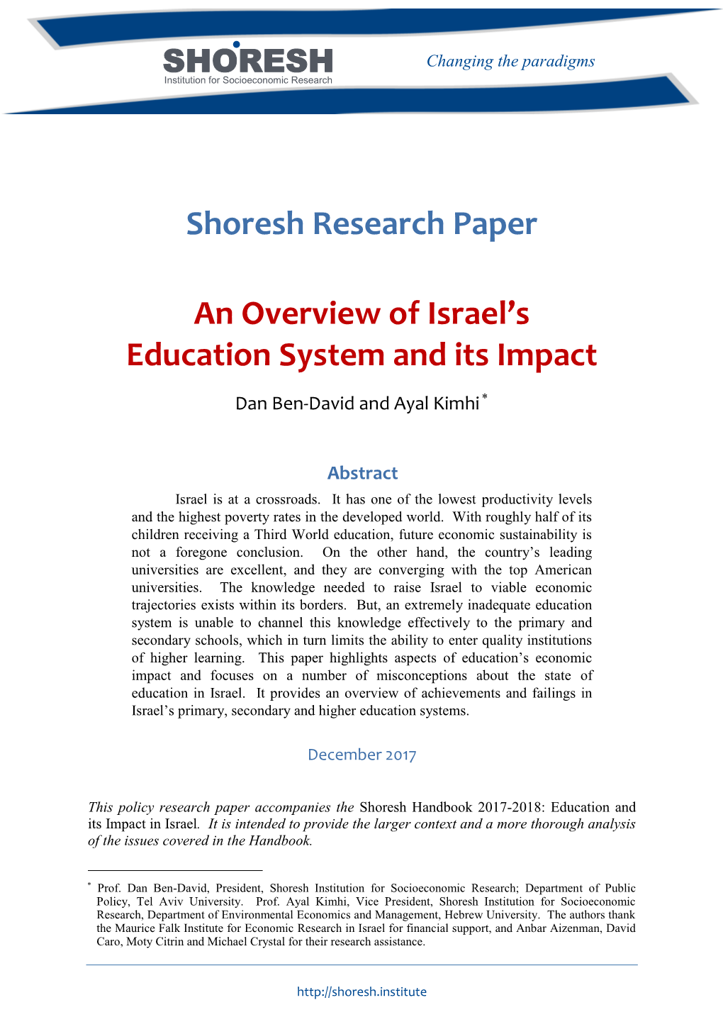 Shoresh Research Paper an Overview of Israel's Education