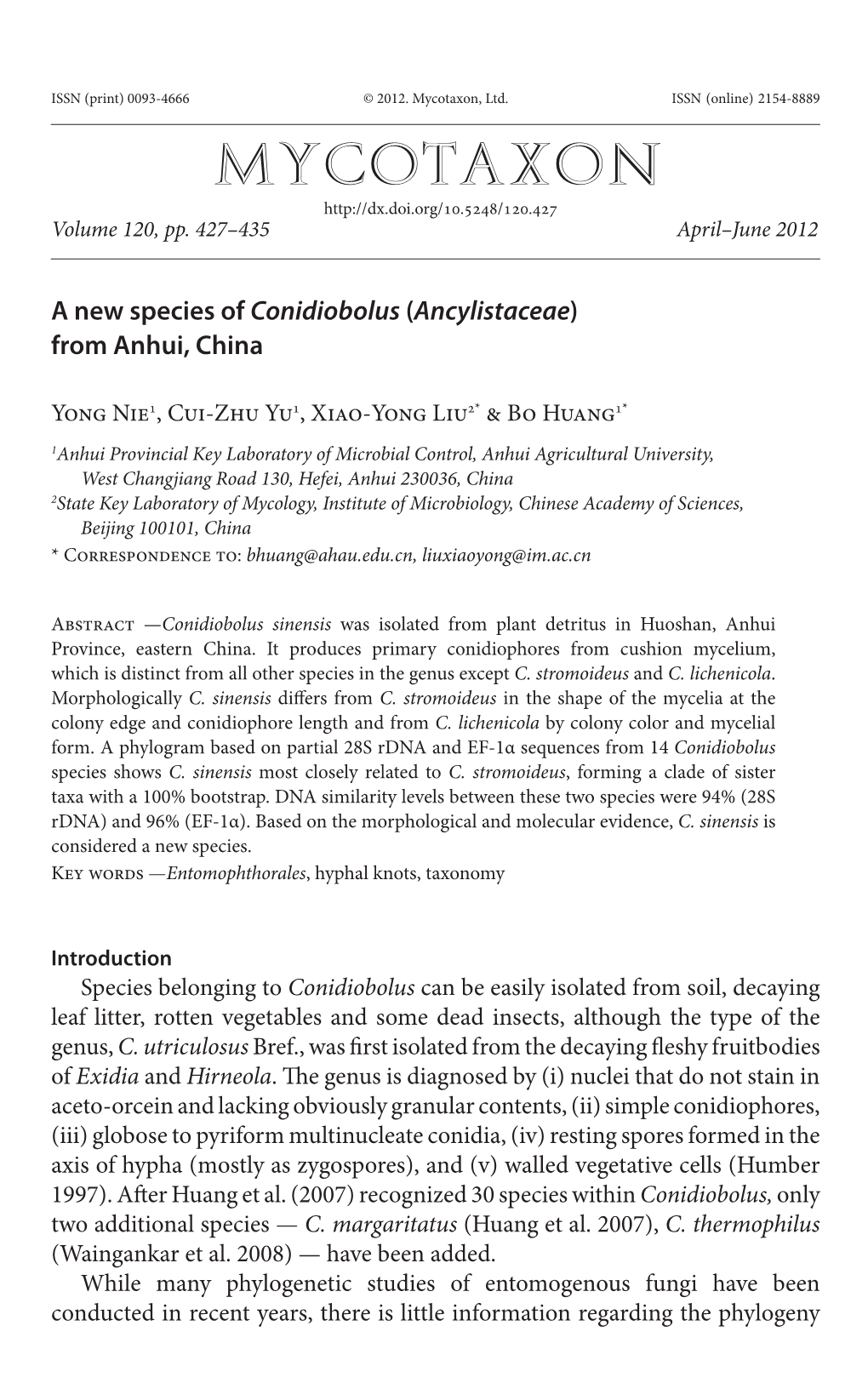 A New Species of &lt;I&gt;Conidiobolus&lt;/I&gt; (&lt;I&gt;Ancylistaceae&lt;/I&gt;) from Anhui, China