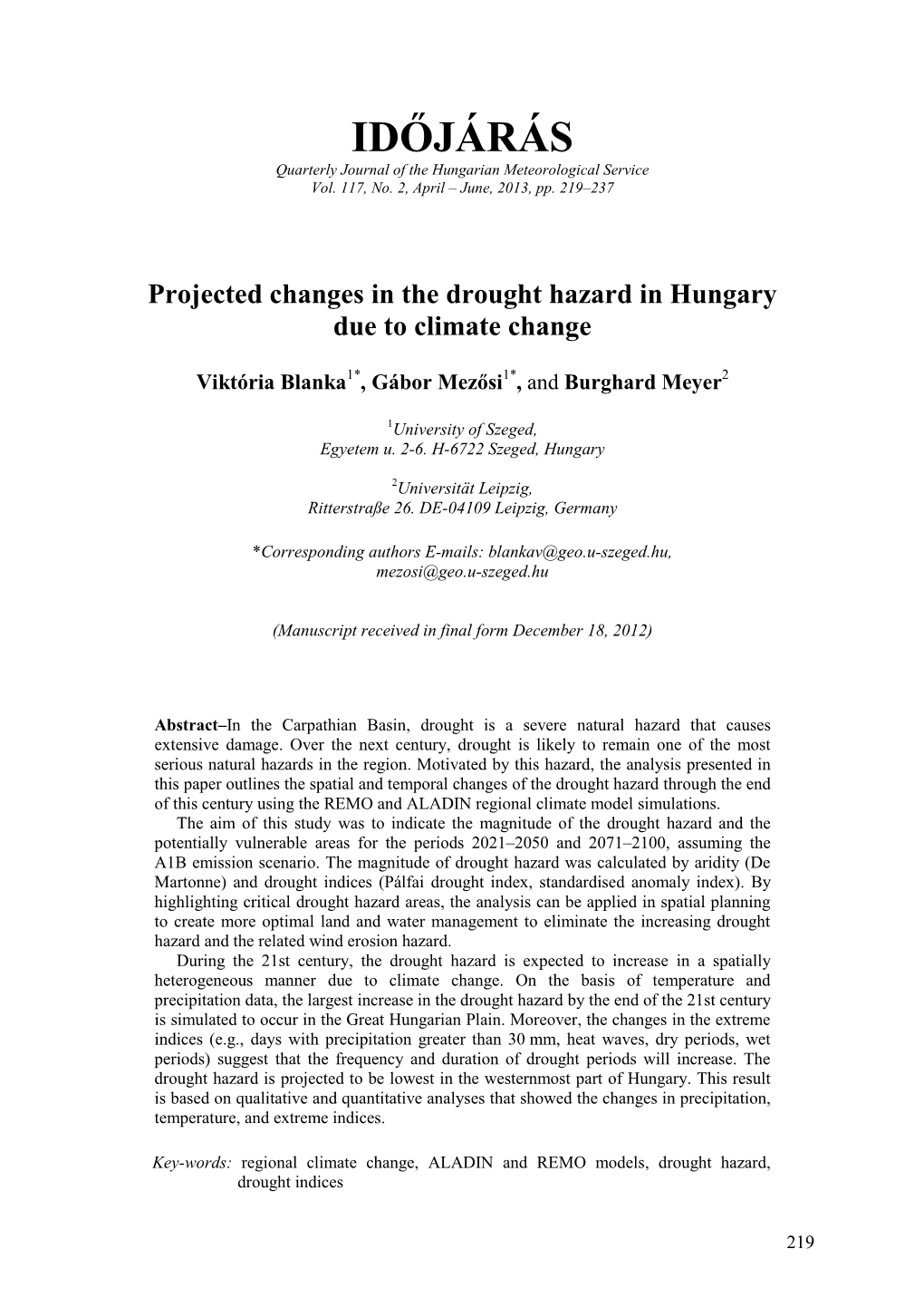 IDŐJÁRÁS Quarterly Journal of the Hungarian Meteorological Service Vol