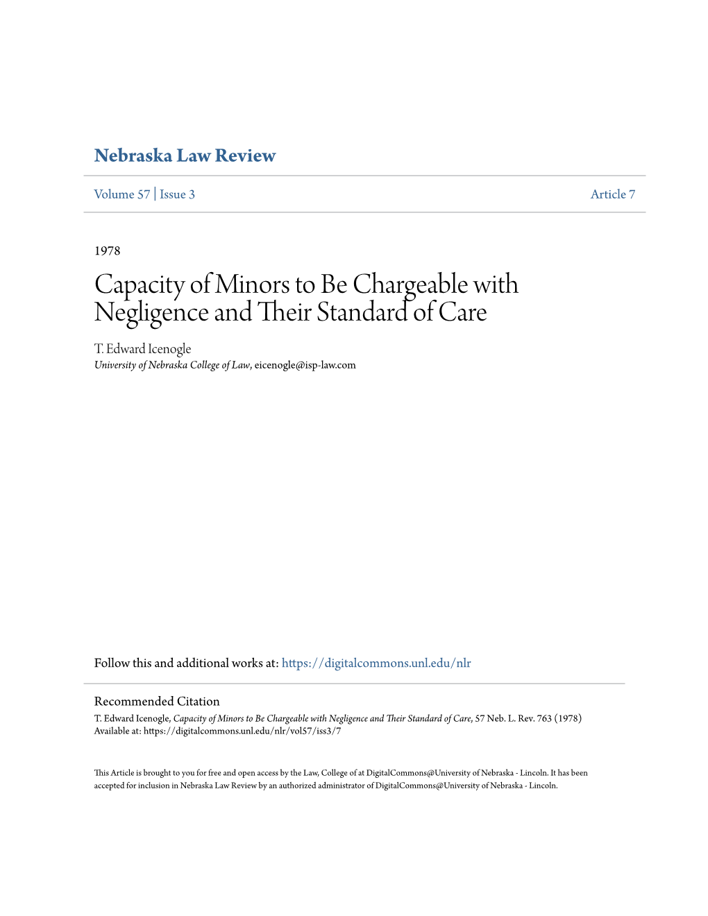 Capacity of Minors to Be Chargeable with Negligence and Their Ts Andard of Care T