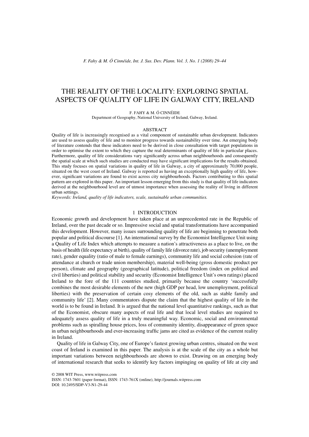 Exploring Spatial Aspects of Quality of Life in Galway City, Ireland