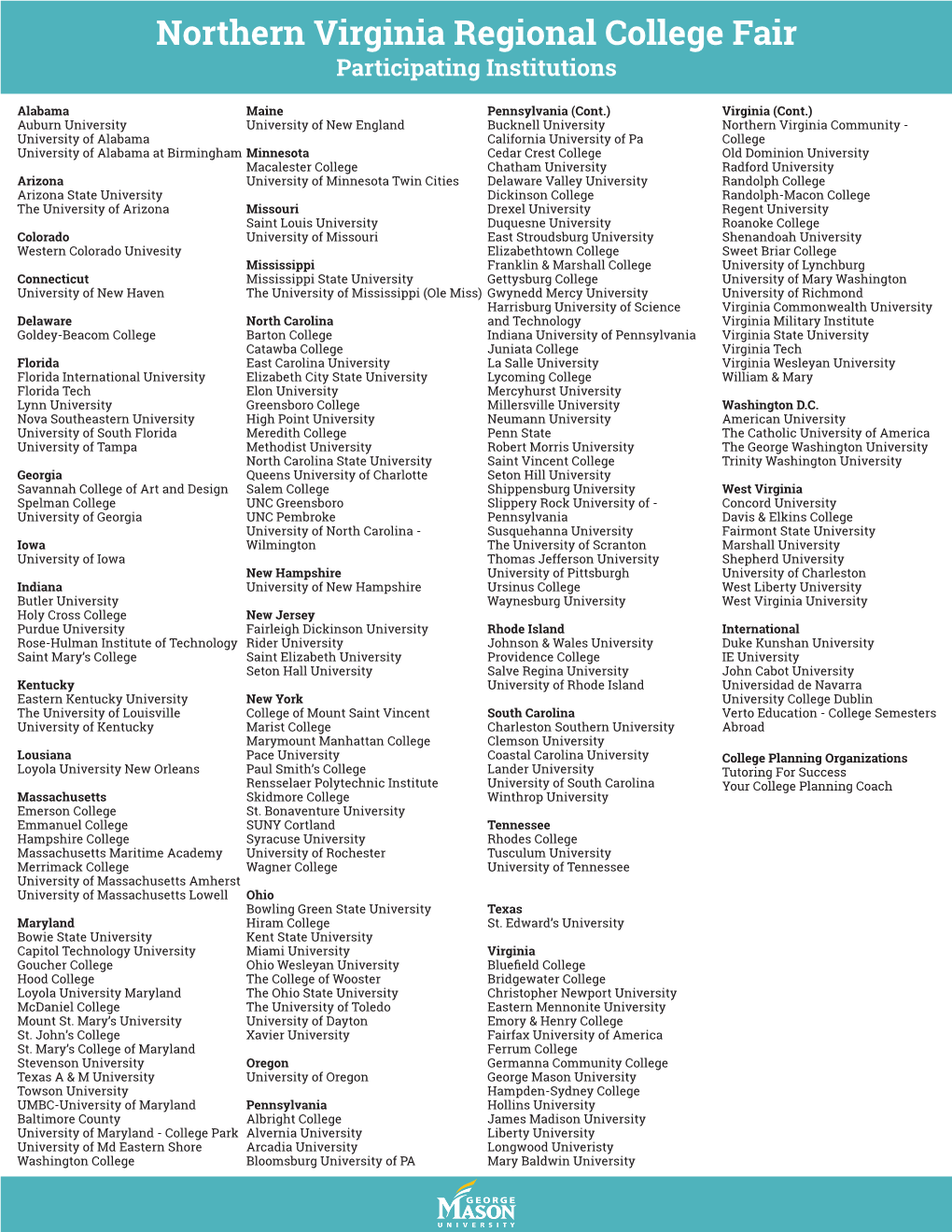 Northern Virginia Regional College Fair Participating Institutions