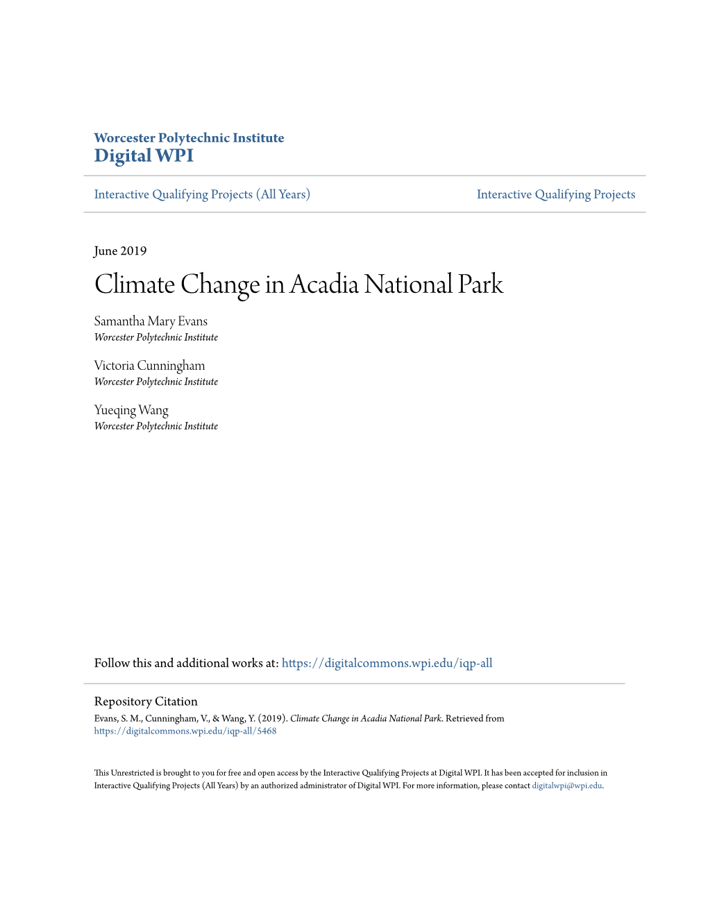 Climate Change in Acadia National Park Samantha Mary Evans Worcester Polytechnic Institute