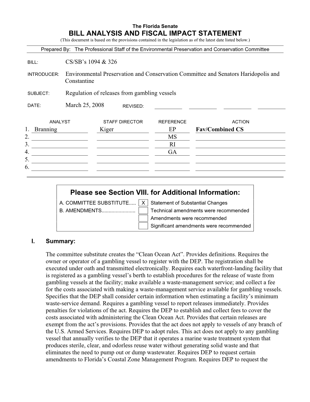 BILL ANALYSIS and FISCAL IMPACT STATEMENT (This Document Is Based on the Provisions Contained in the Legislation As of the Latest Date Listed Below.)