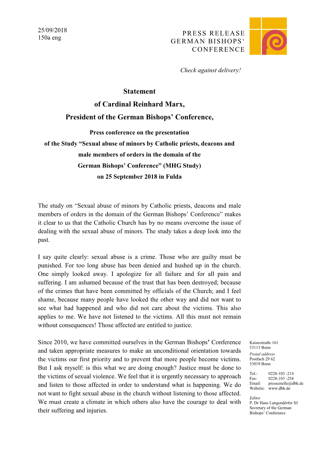 Statement of Cardinal Reinhard Marx, President of the German Bishops’ Conference