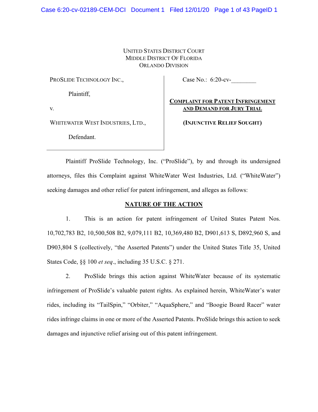 Case 6:20-Cv-02189-CEM-DCI Document 1 Filed 12/01/20 Page 1 of 43 Pageid 1