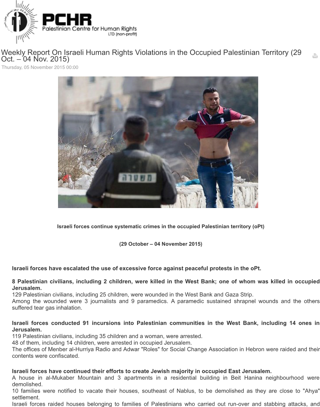Weekly Report on Israeli Human Rights Violations in the Occupied Palestinian Territory (29 Oct