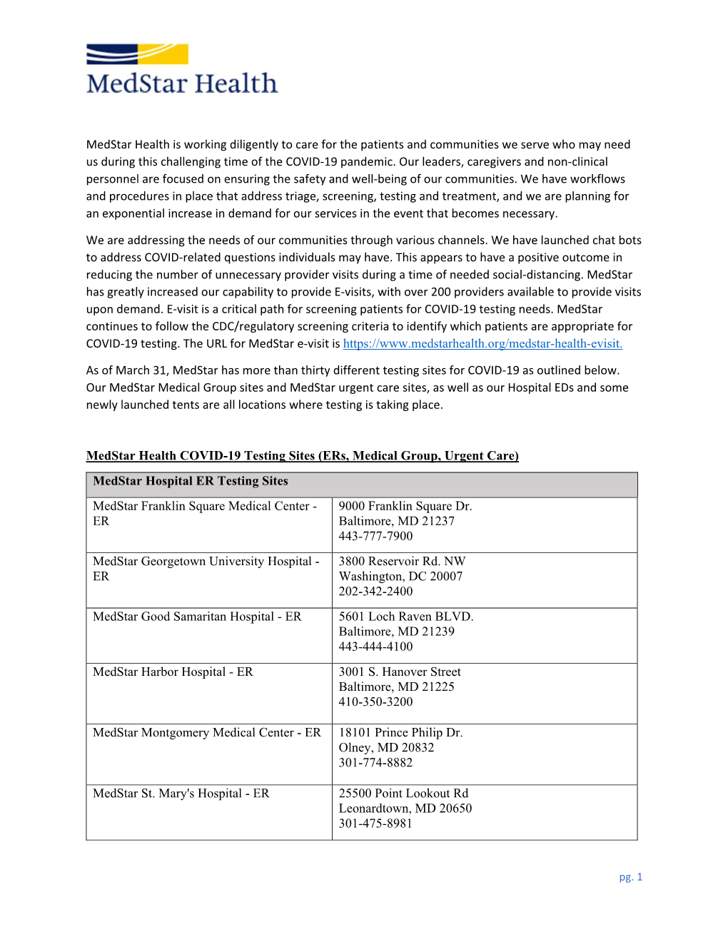 Medstar Health Is Working Diligently to Care for the Patients and Communities We Serve Who May Need Us During This Challenging Time of the COVID‐19 Pandemic