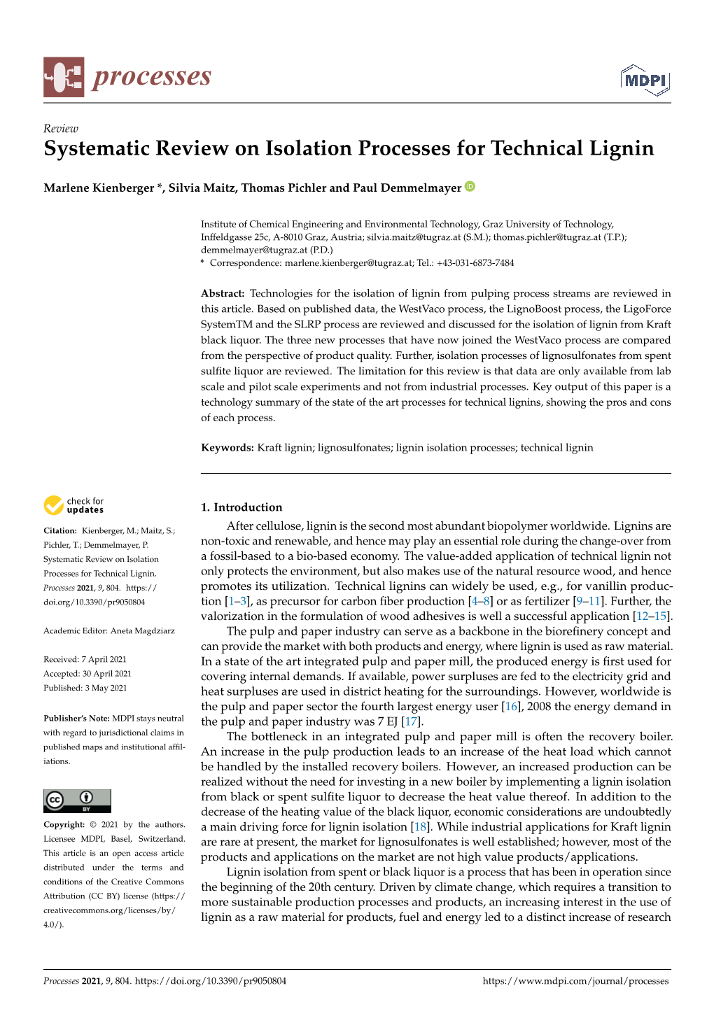 Systematic Review on Isolation Processes for Technical Lignin