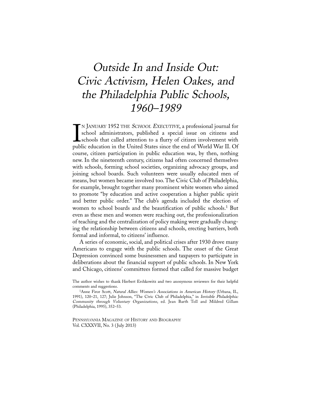 Civic Activism, Helen Oakes, and the Philadelphia Public Schools, 1960–1989
