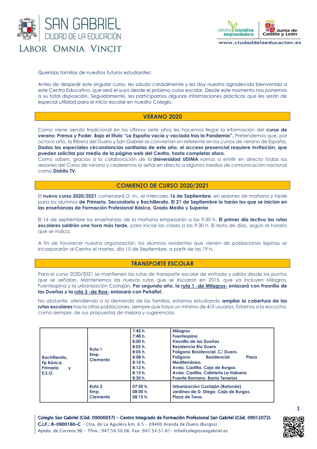 Verano 2020 Comienzo De Curso 2020/2021 Transporte