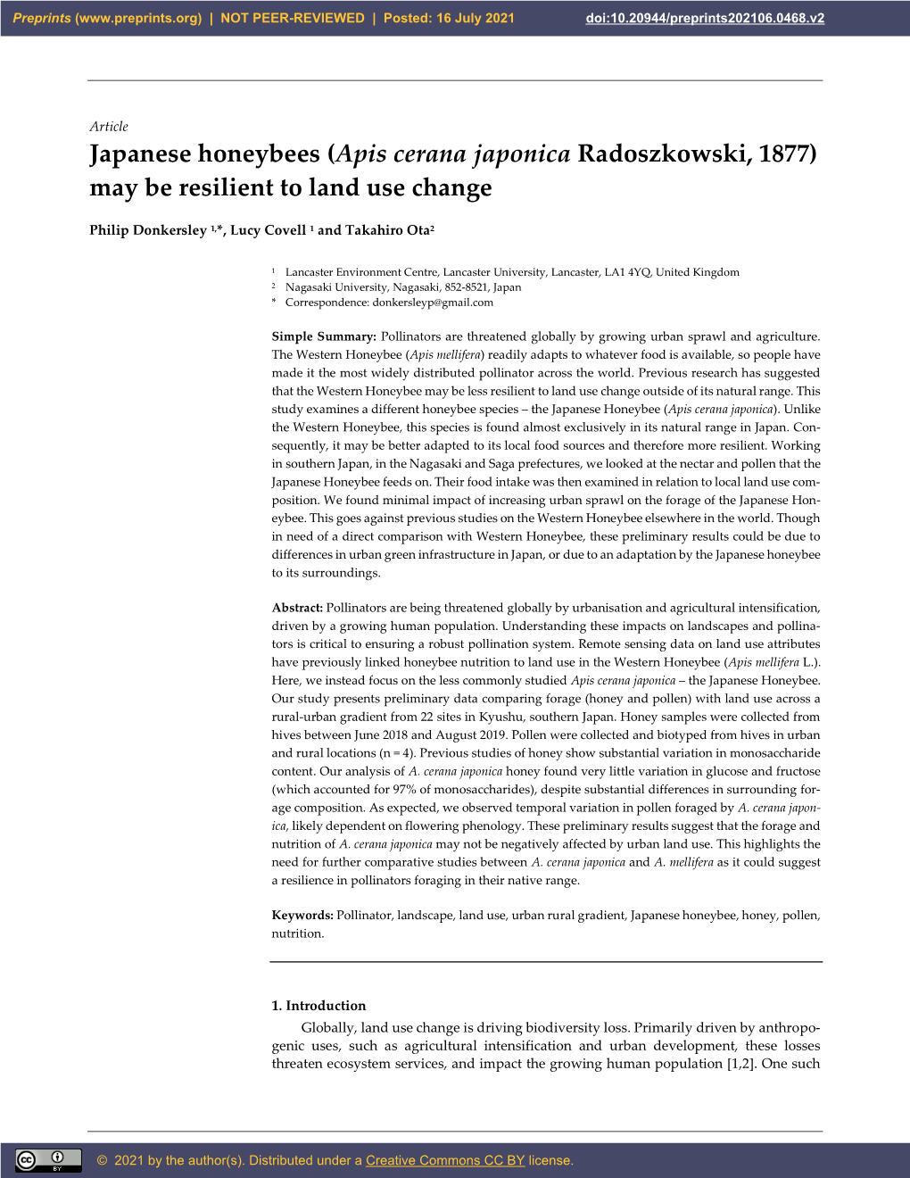 Japanese Honeybees (Apis Cerana Japonica Radoszkowski, 1877) May Be Resilient to Land Use Change