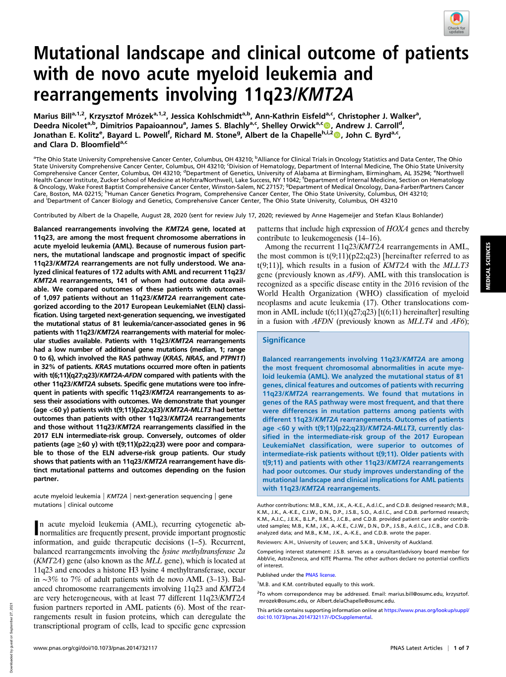 Mutational Landscape and Clinical Outcome of Patients with De Novo Acute Myeloid Leukemia and Rearrangements Involving 11Q23/KMT2A