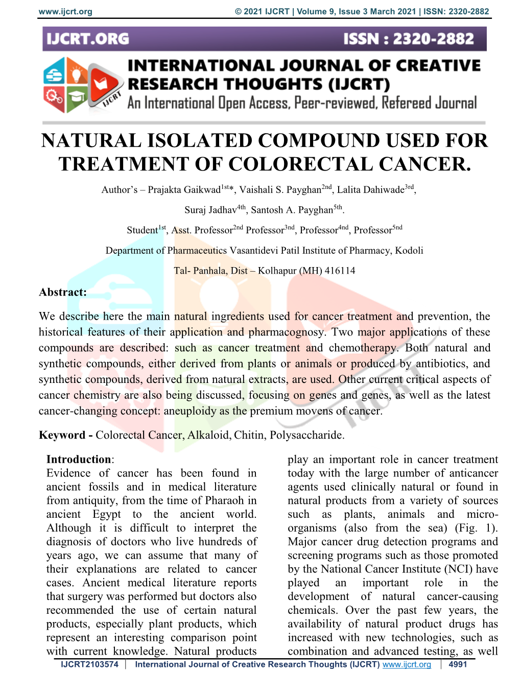 Natural Isolated Compound Used for Treatment of Colorectal Cancer