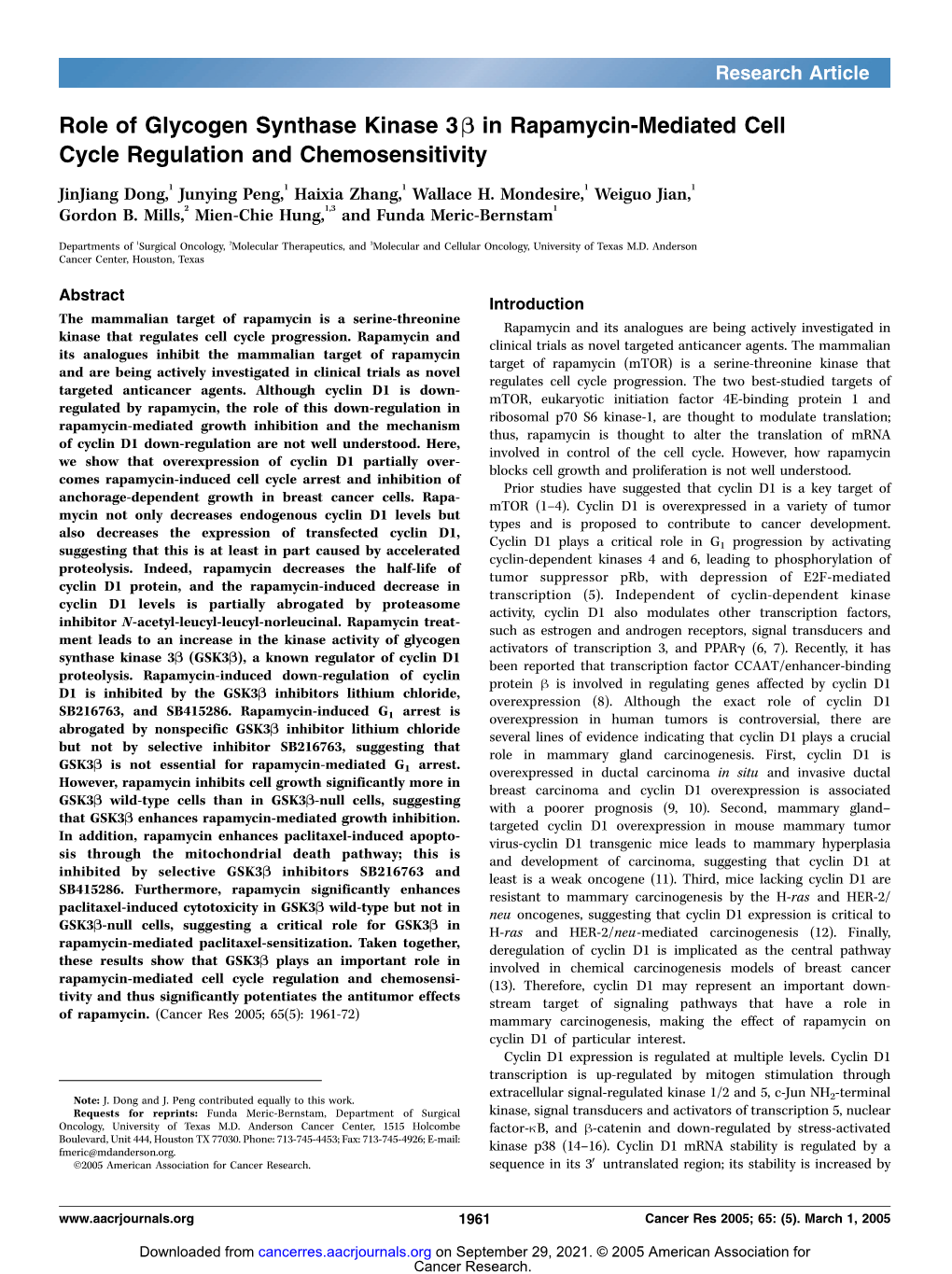 Role of Glycogen Synthase Kinase 3B in Rapamycin-Mediated Cell Cycle