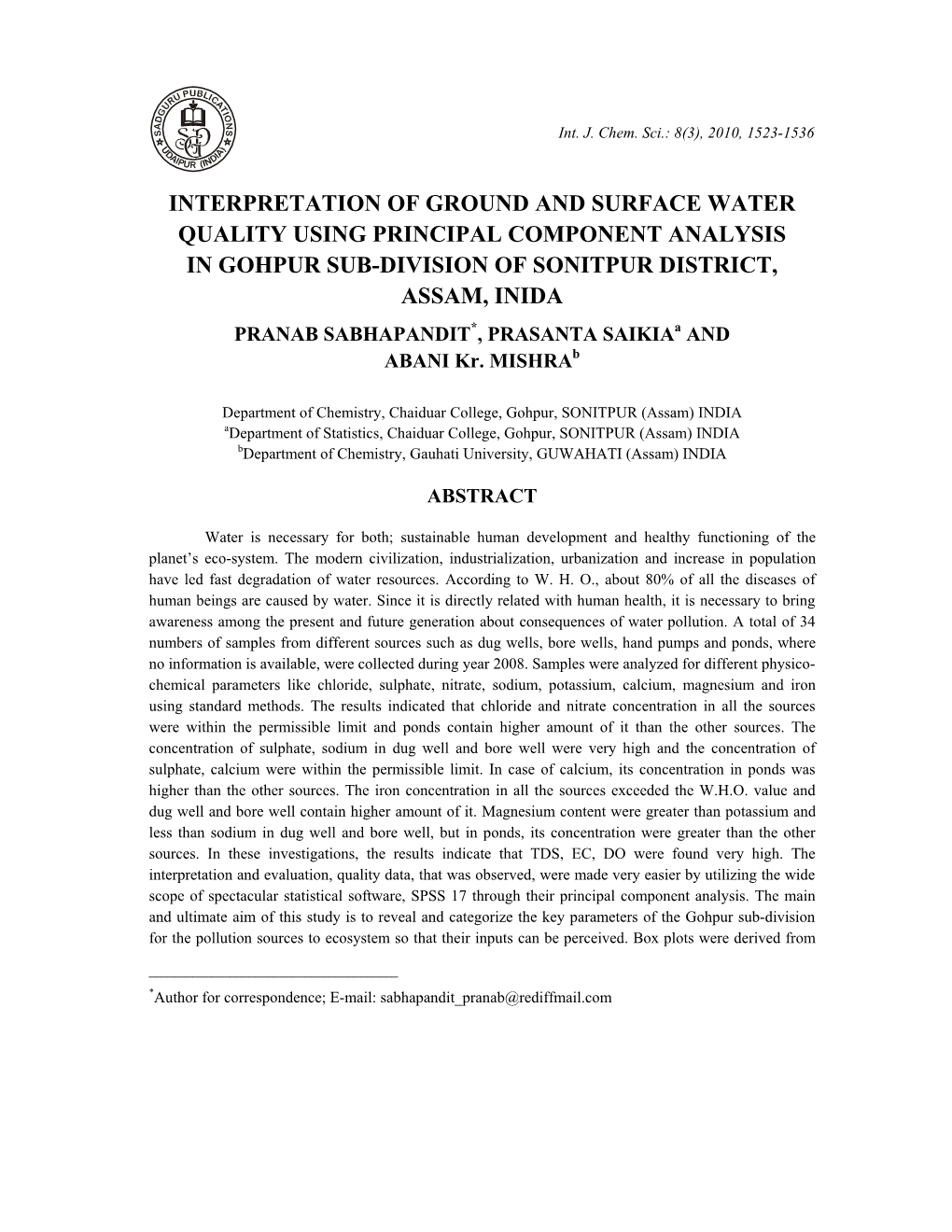 Interpretation of Ground and Surface Water Quality