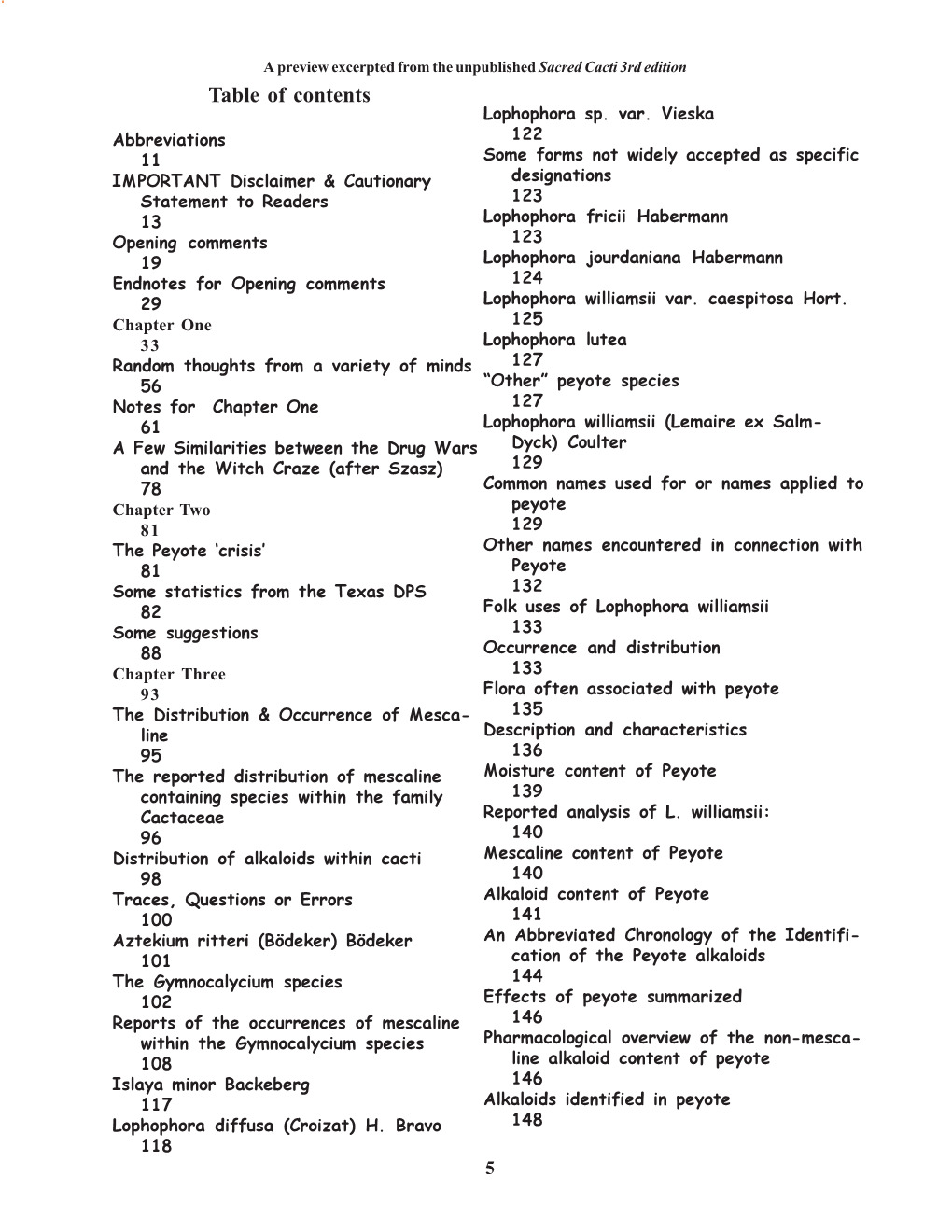 Sacred Cacti 3Rd Edition Table of Contents Lophophora Sp