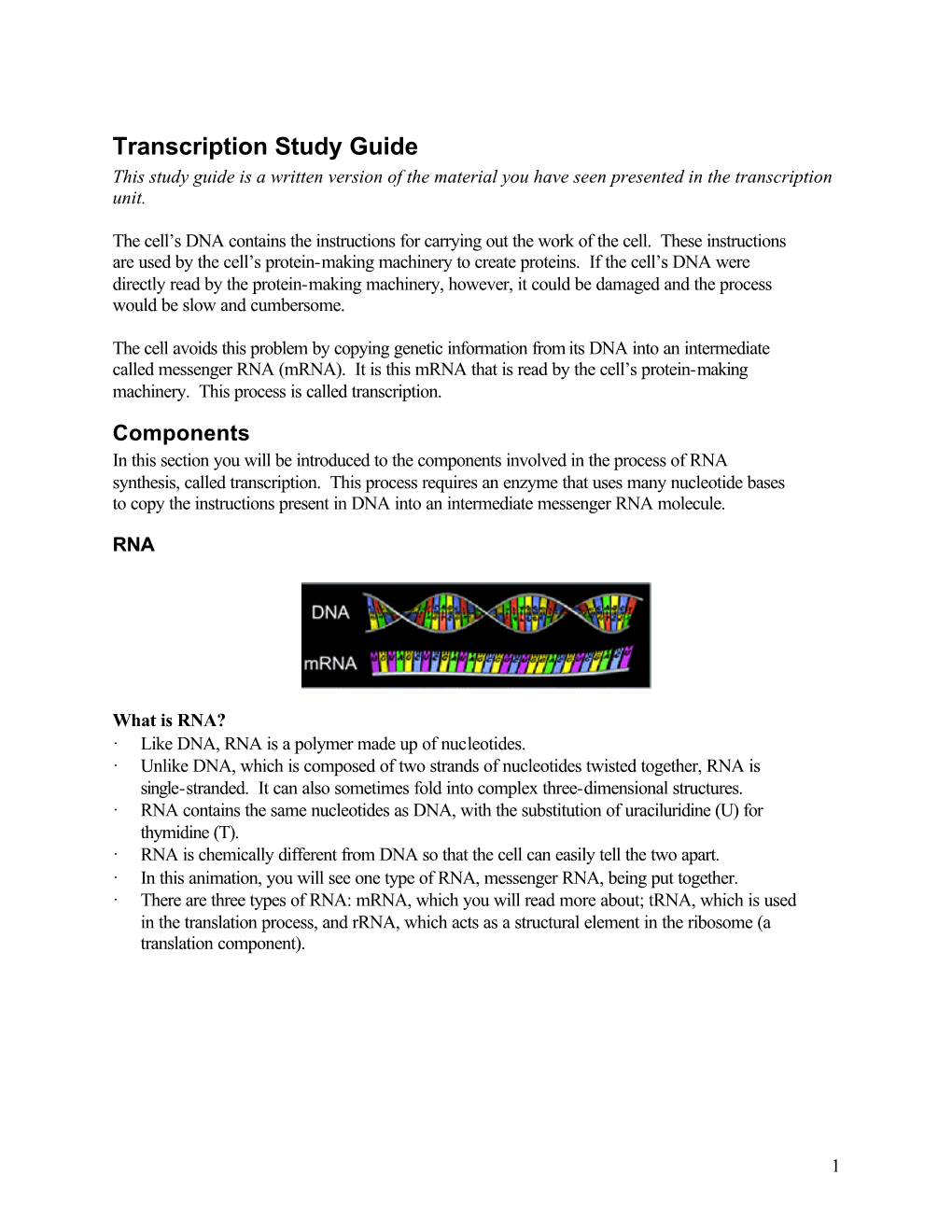 Transcription Study Guide This Study Guide Is a Written Version of the Material You Have Seen Presented in the Transcription Unit