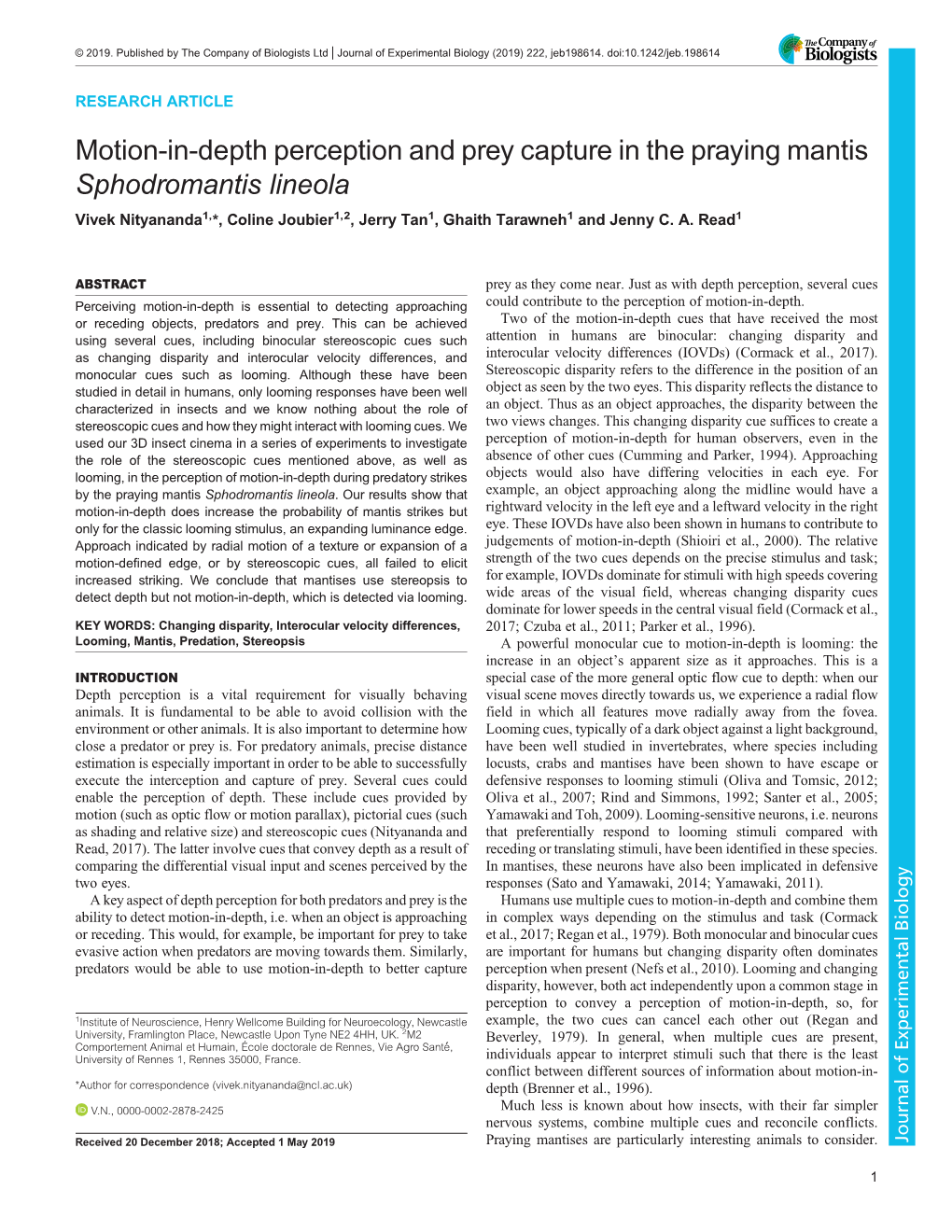 Motion-In-Depth Perception and Prey Capture in the Praying Mantis Sphodromantis Lineola