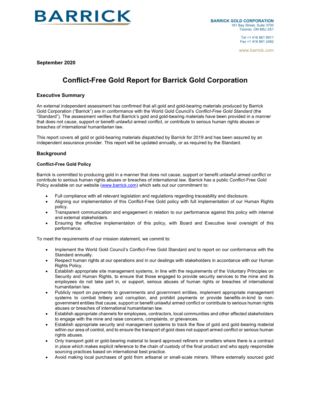 Conflict-Free Gold Report for Barrick Gold Corporation