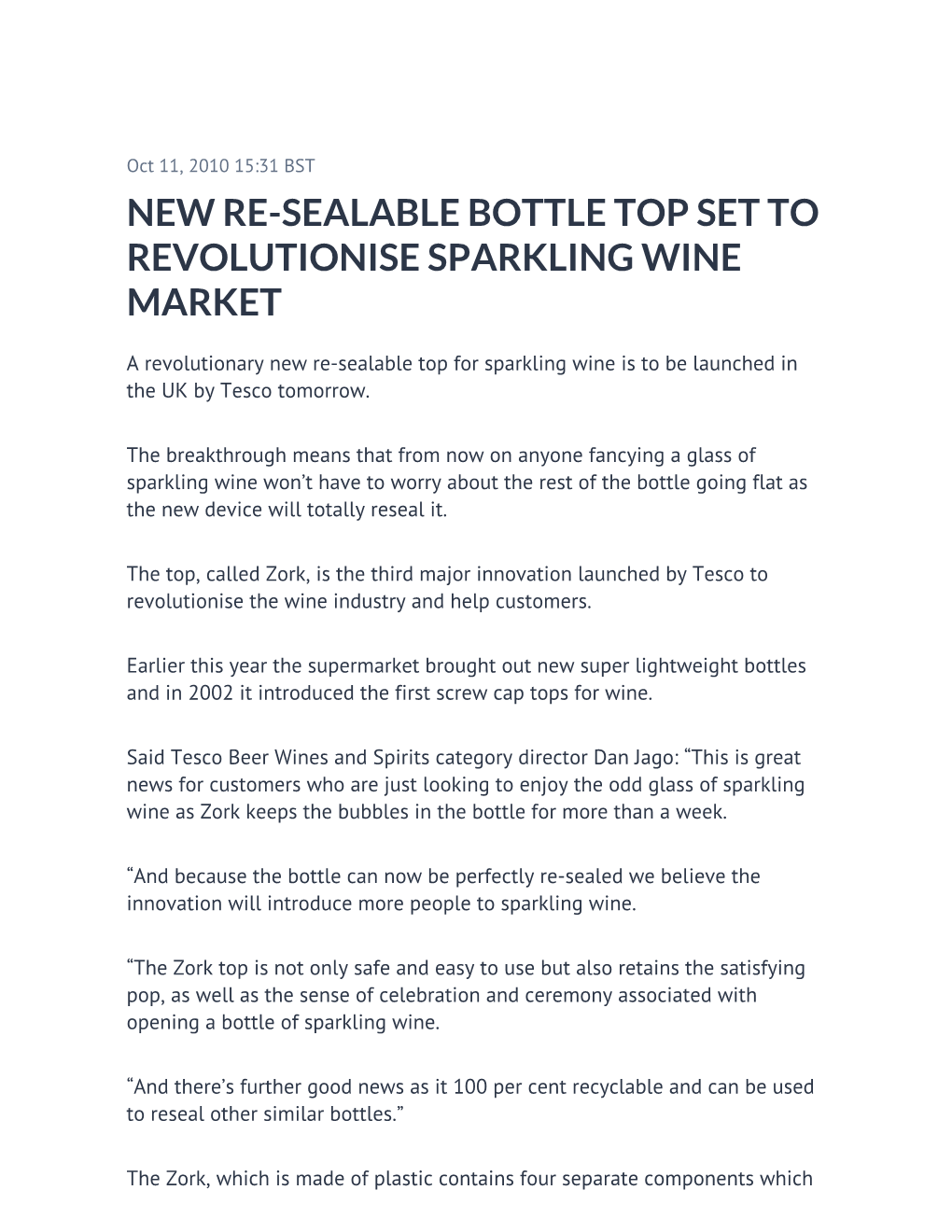 New Re-Sealable Bottle Top Set to Revolutionise Sparkling Wine Market