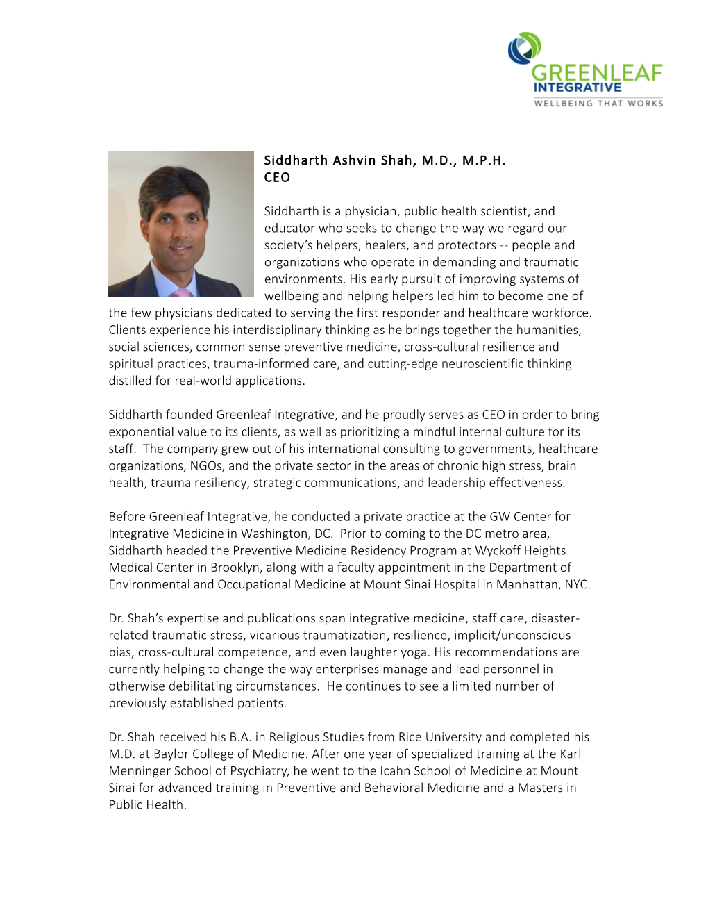 Download Bio of Our CEO Siddharth Ashvin Shah, M.D., M.P.H
