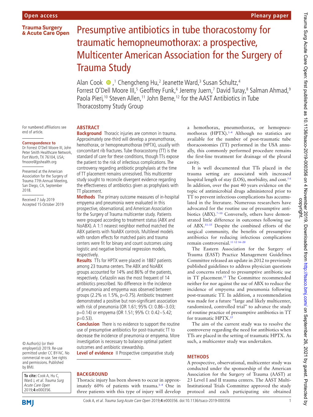 Presumptive Antibiotics in Tube Thoracostomy for Traumatic