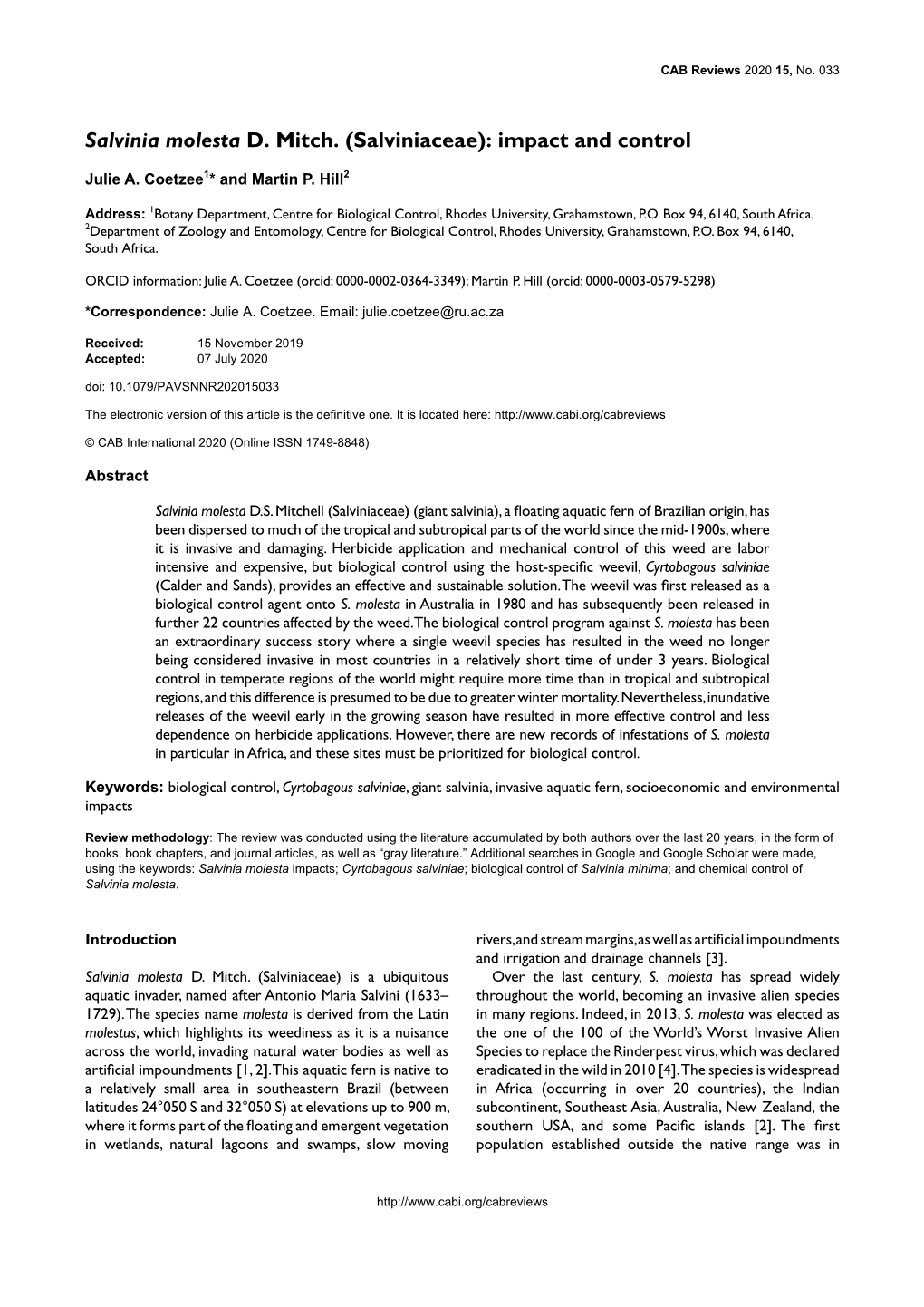 Salvinia Molesta D. Mitch. (Salviniaceae): Impact and Control