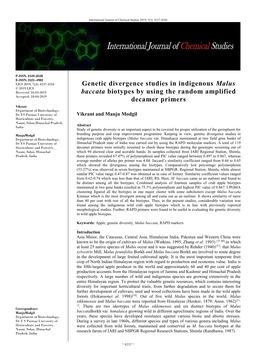 Genetic Divergence Studies in Indigenous Malus Baccata Biotypes