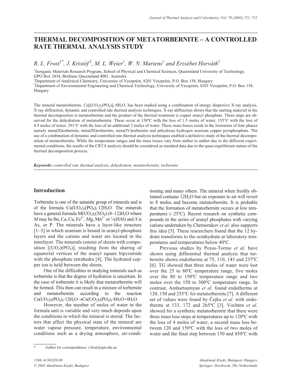 Thermal Decomposition of Metatorbernite – a Controlled Rate Thermal Analysis Study