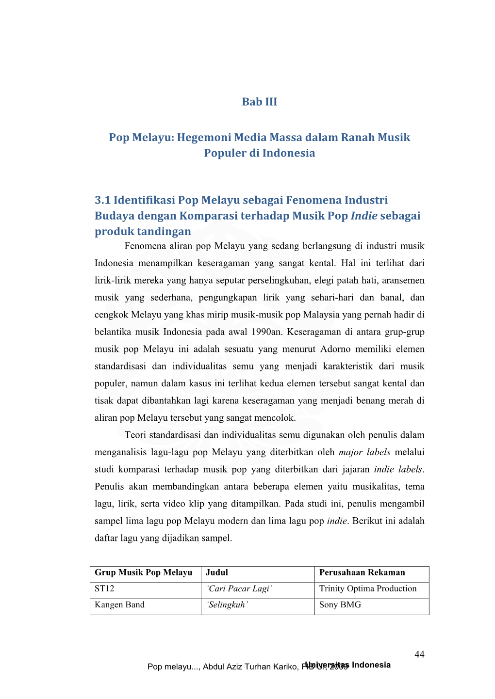 Bab III Pop Melayu: Hegemoni Media Massa Dalam Ranah Musik Populer