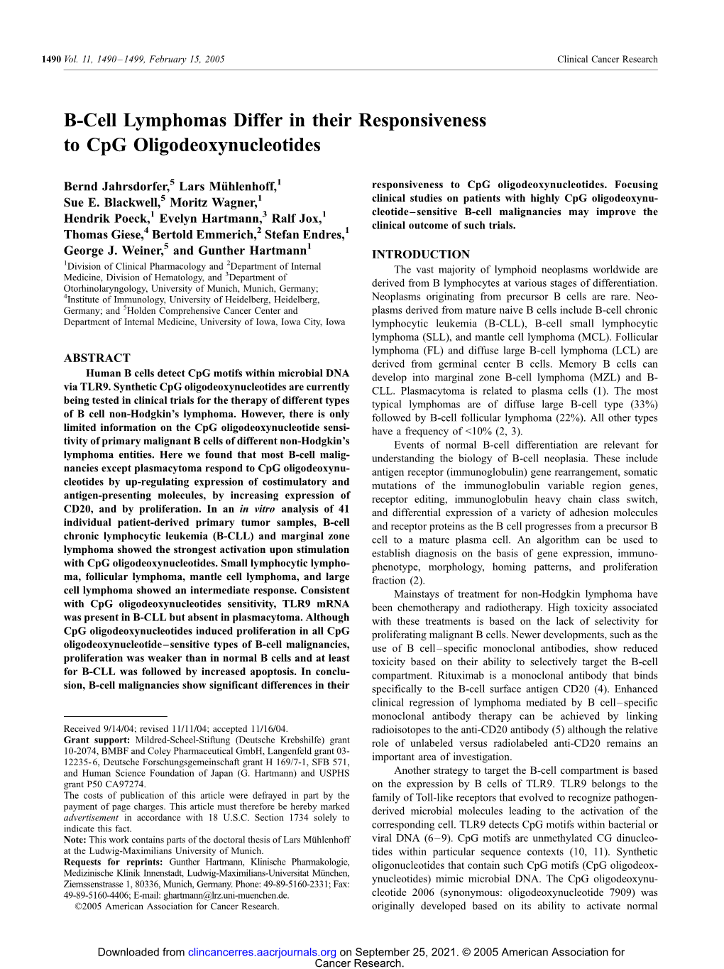 B-Cell Lymphomas Differ in Their Responsiveness to Cpg Oligodeoxynucleotides