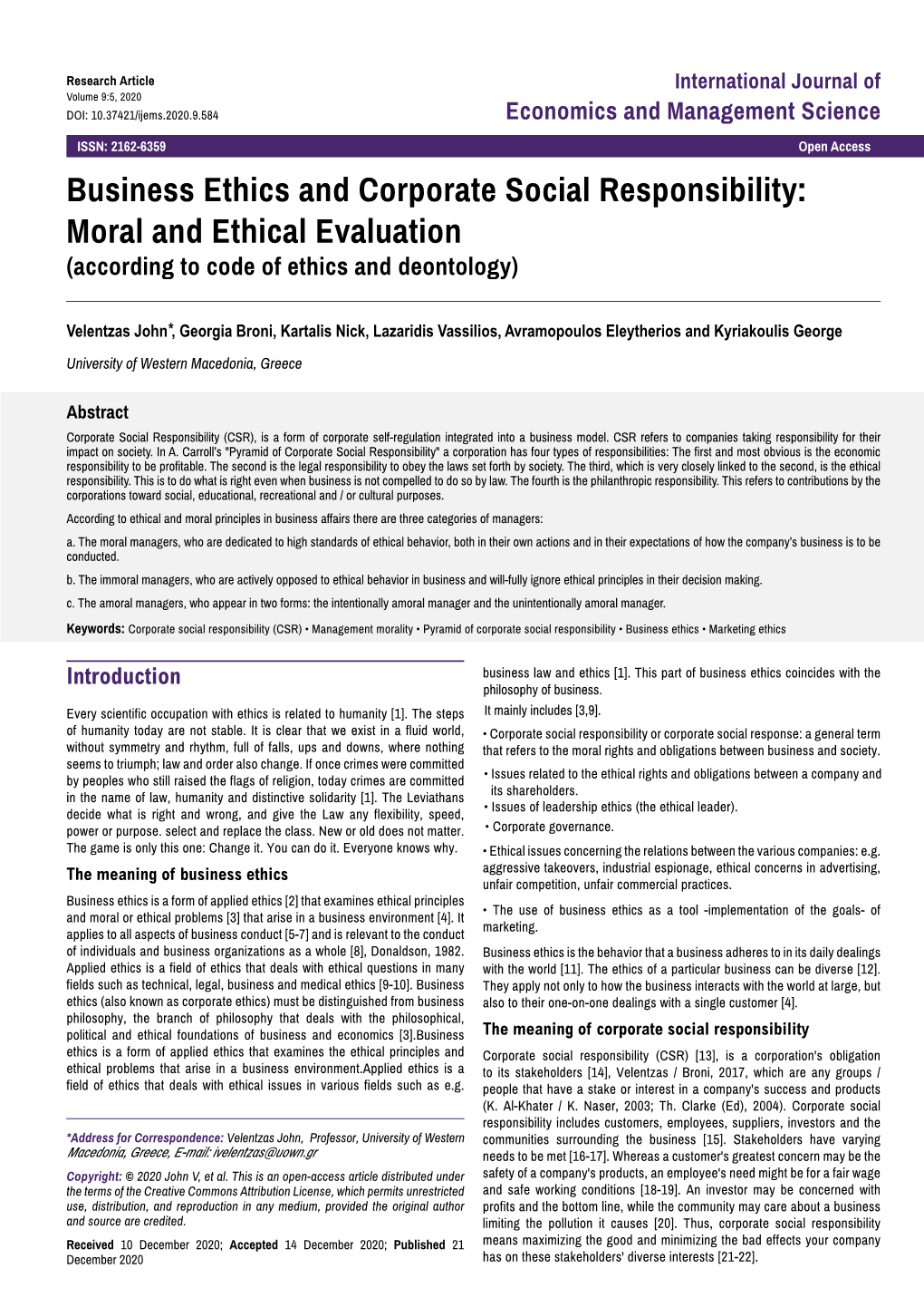 Business Ethics and Corporate Social Responsibility: Moral and Ethical Evaluation (According to Code of Ethics and Deontology)