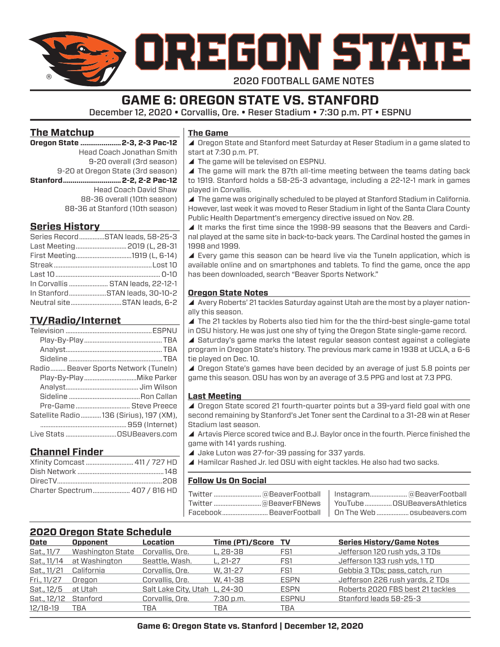 GAME 6: OREGON STATE VS. STANFORD December 12, 2020 • Corvallis, Ore