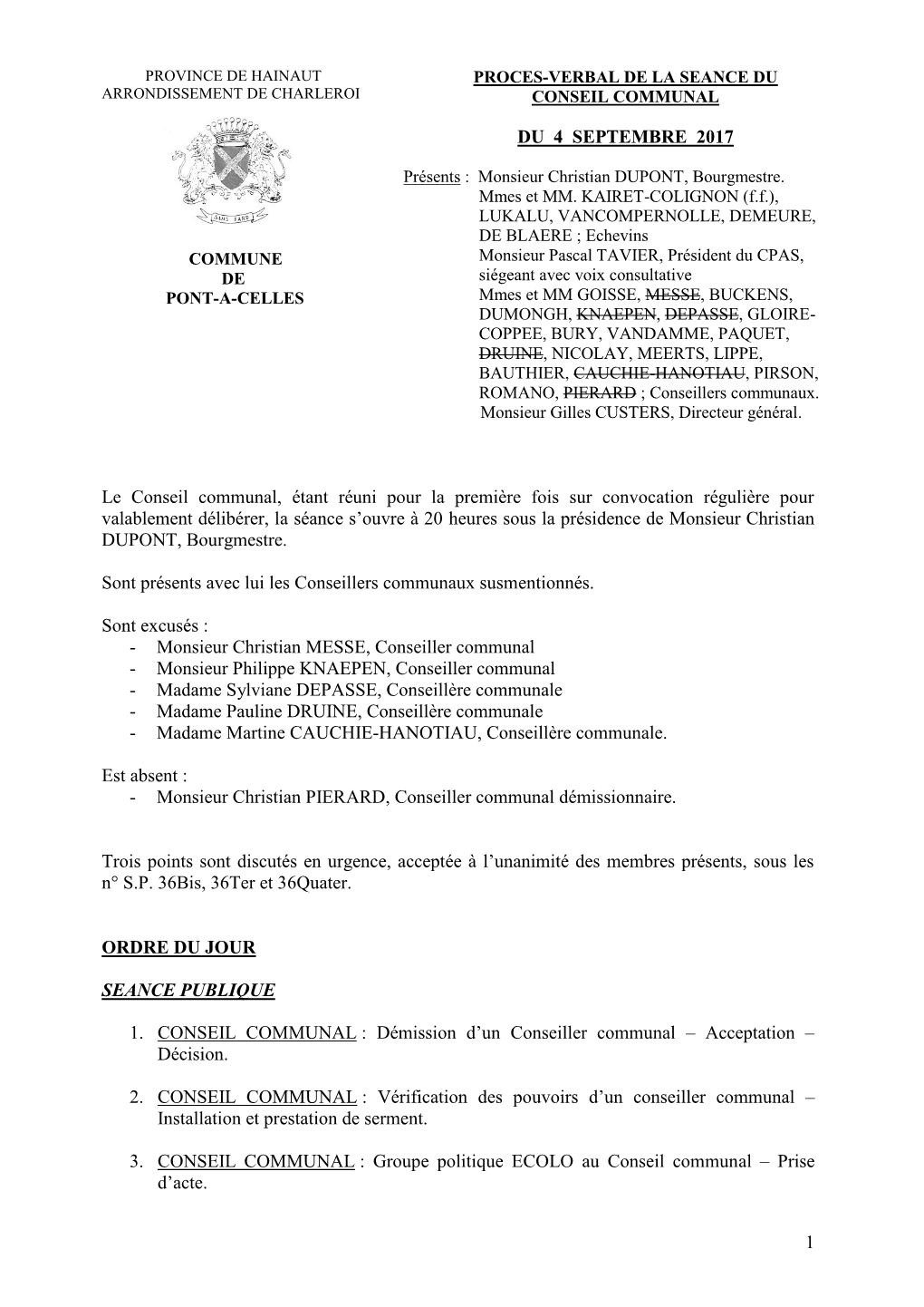 Province De Hainaut Proces-Verbal De La Seance Du Arrondissement De Charleroi Conseil Communal