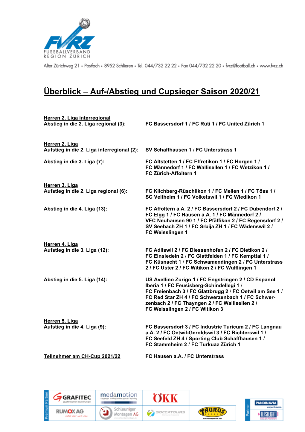 Überblick – Auf-/Abstieg Und Cupsieger Saison 2020/21