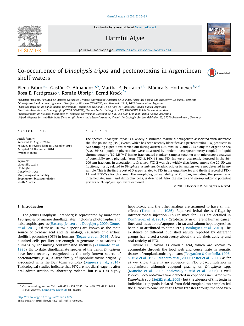 Co-Occurrence of Dinophysis Tripos and Pectenotoxins in Argentinean